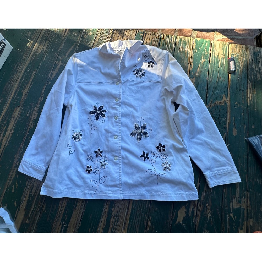 Alfred Dunner White Embroidered Floral Button Front Jacket Womens 14 Cotton